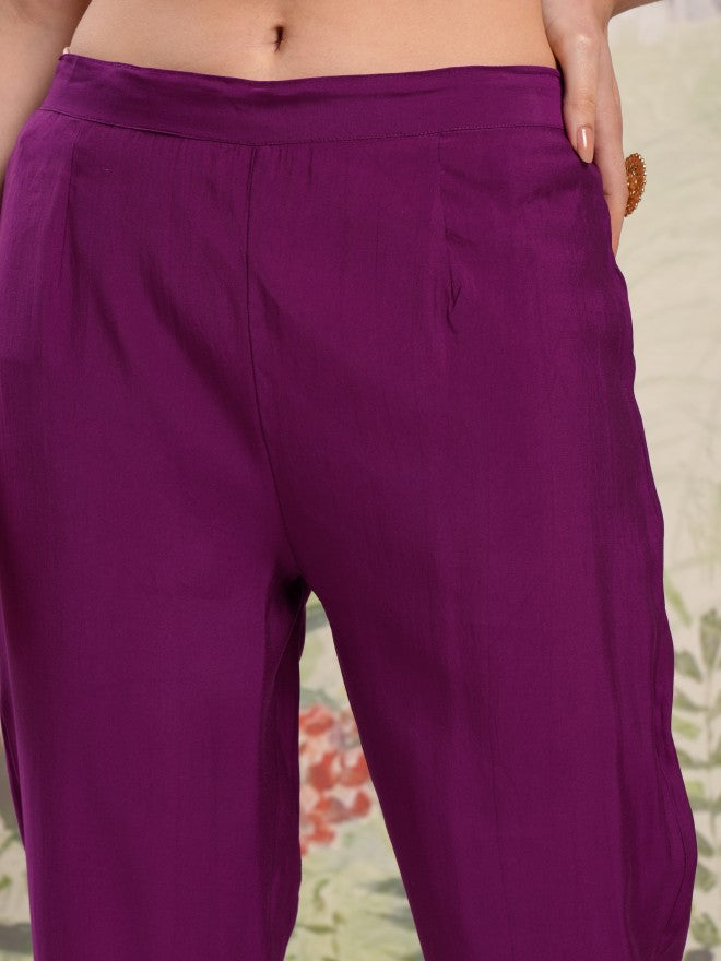 Vishudh Women Purple Embroidered Kurta With Trouser And Dupatta - Purple - Image 8