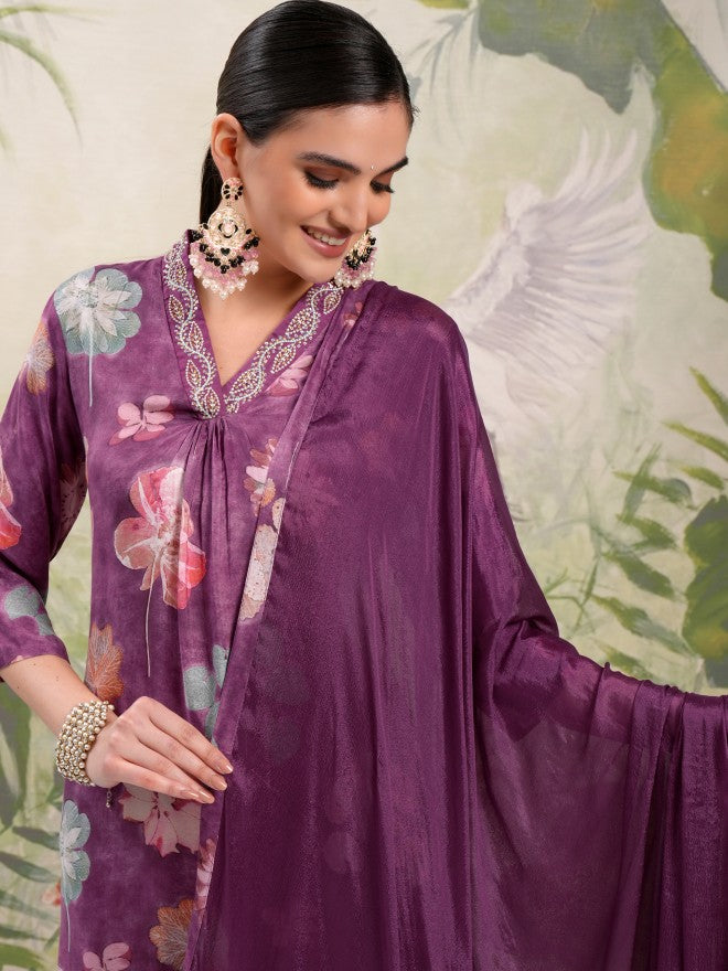 Vishudh Women Purple Printed Kurta With Trouser And Dupatta - Purple - Image 1