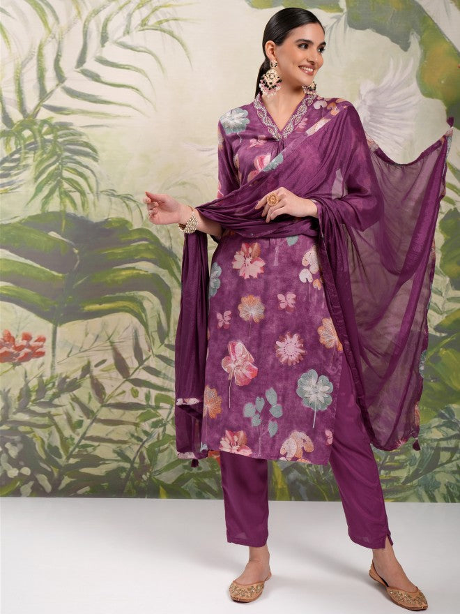 Vishudh Women Purple Printed Kurta With Trouser And Dupatta - Purple - Image 2