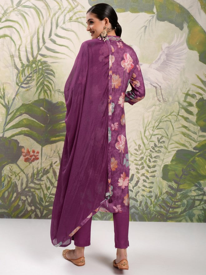 Vishudh Women Purple Printed Kurta With Trouser And Dupatta - Purple - Image 3