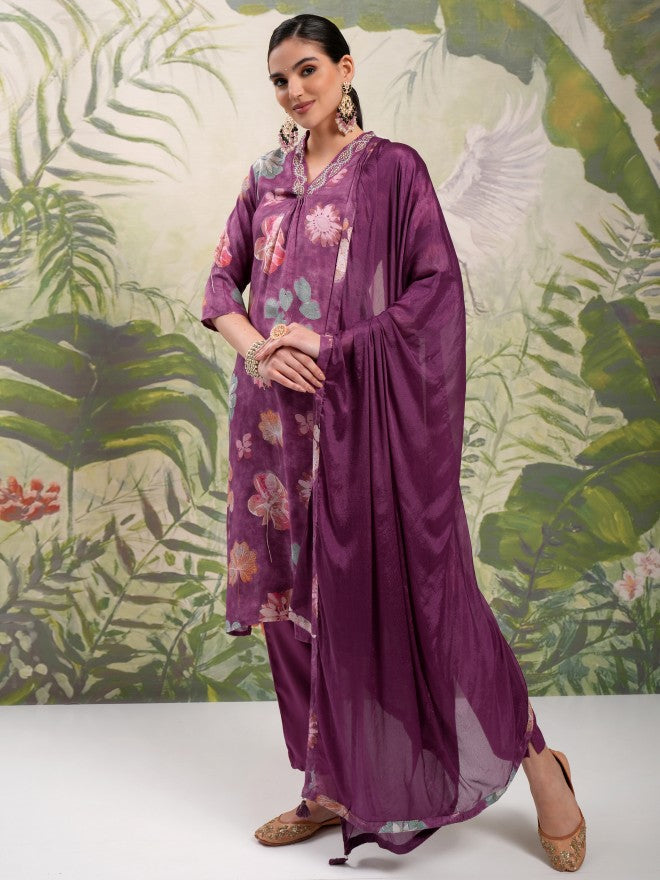 Vishudh Women Purple Printed Kurta With Trouser And Dupatta - Purple - Image 4