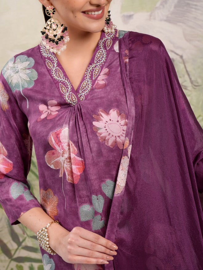 Vishudh Women Purple Printed Kurta With Trouser And Dupatta - Purple - Image 5