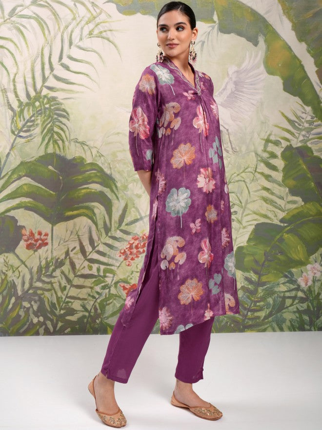Vishudh Women Purple Printed Kurta With Trouser And Dupatta - Purple - Image 6