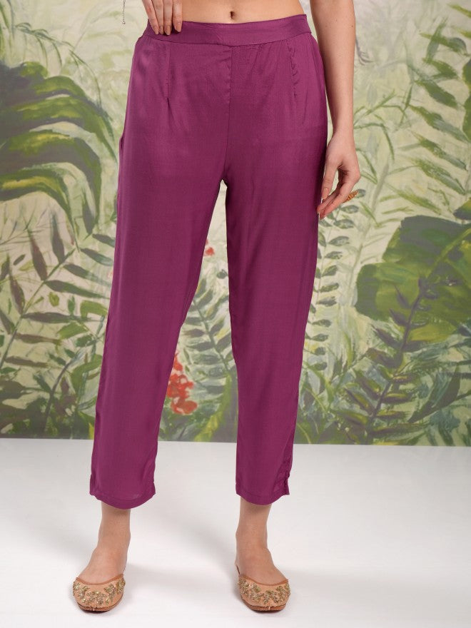 Vishudh Women Purple Printed Kurta With Trouser And Dupatta - Purple - Image 7