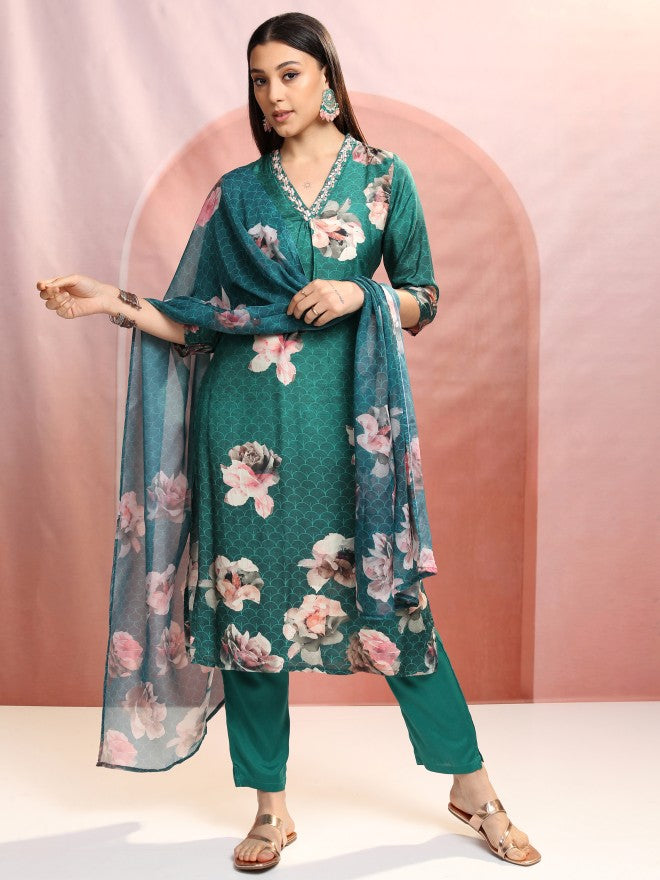 Vishudh Women Green Printed Kurta With Trouser And Dupatta - Green - Image 2