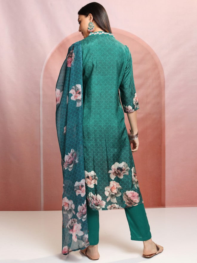 Vishudh Women Green Printed Kurta With Trouser And Dupatta - Green - Image 3
