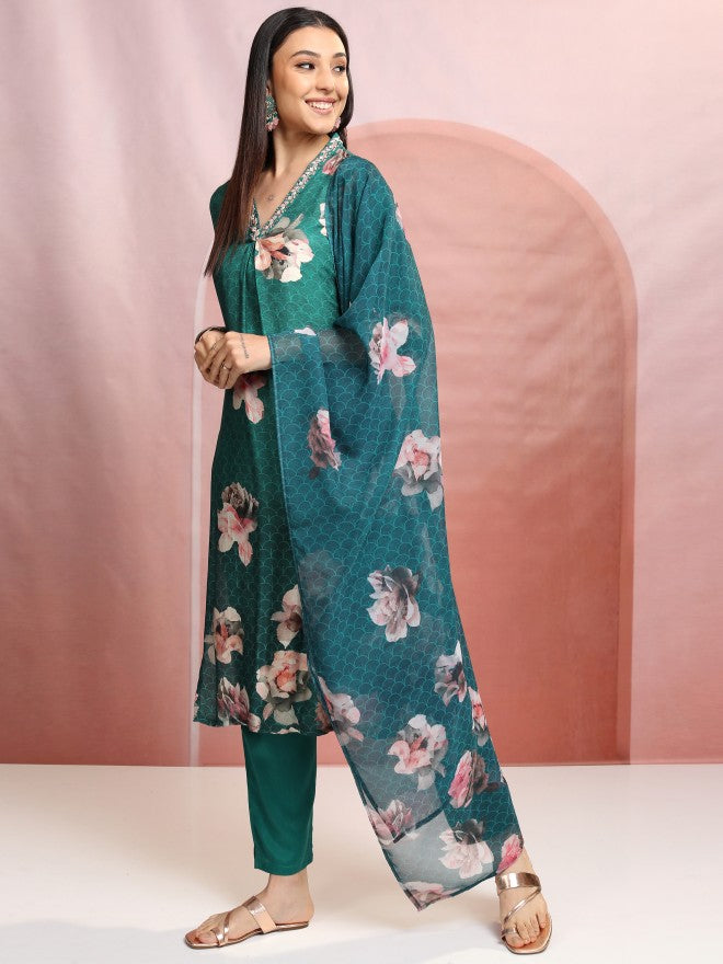 Vishudh Women Green Printed Kurta With Trouser And Dupatta - Green - Image 4