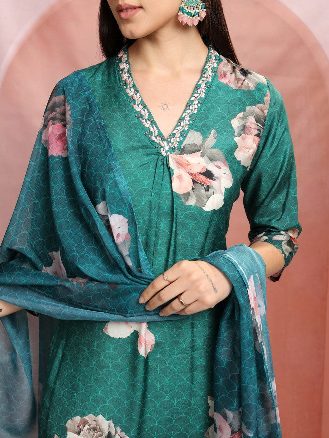 Vishudh Women Green Printed Kurta With Trouser And Dupatta - Green - Image 5