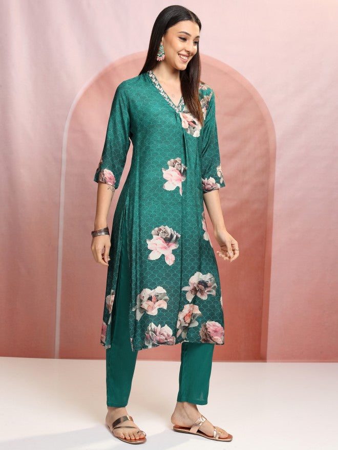 Vishudh Women Green Printed Kurta With Trouser And Dupatta - Green - Image 6