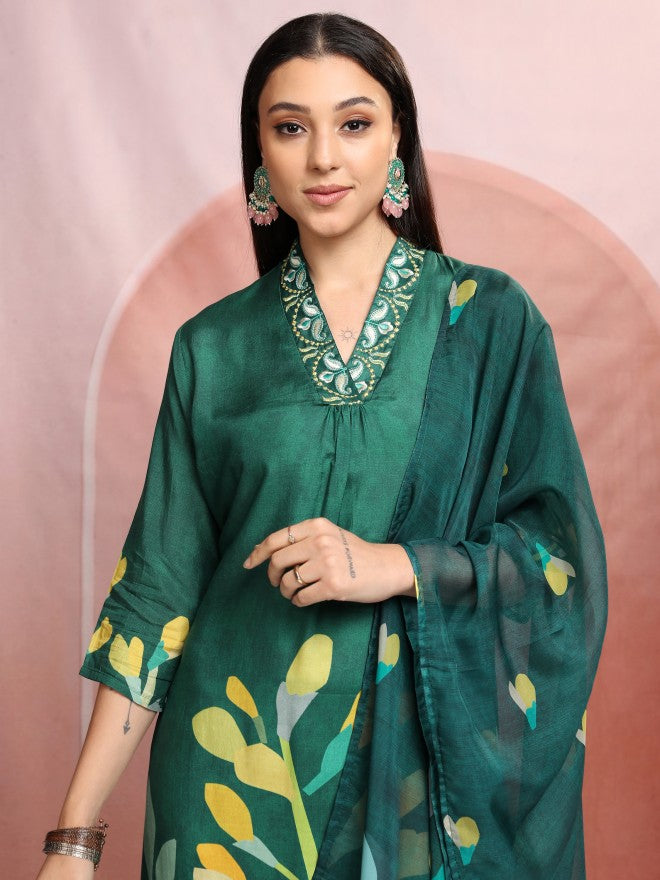 Vishudh Women Green Printed Kurta With Trousers And Dupatta - Green - Image 1