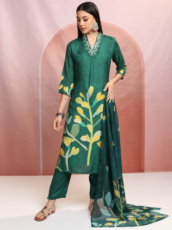 Vishudh Women Green Printed Kurta With Trousers And Dupatta - Green - Image 2