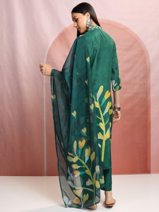 Vishudh Women Green Printed Kurta With Trousers And Dupatta - Green - Image 3