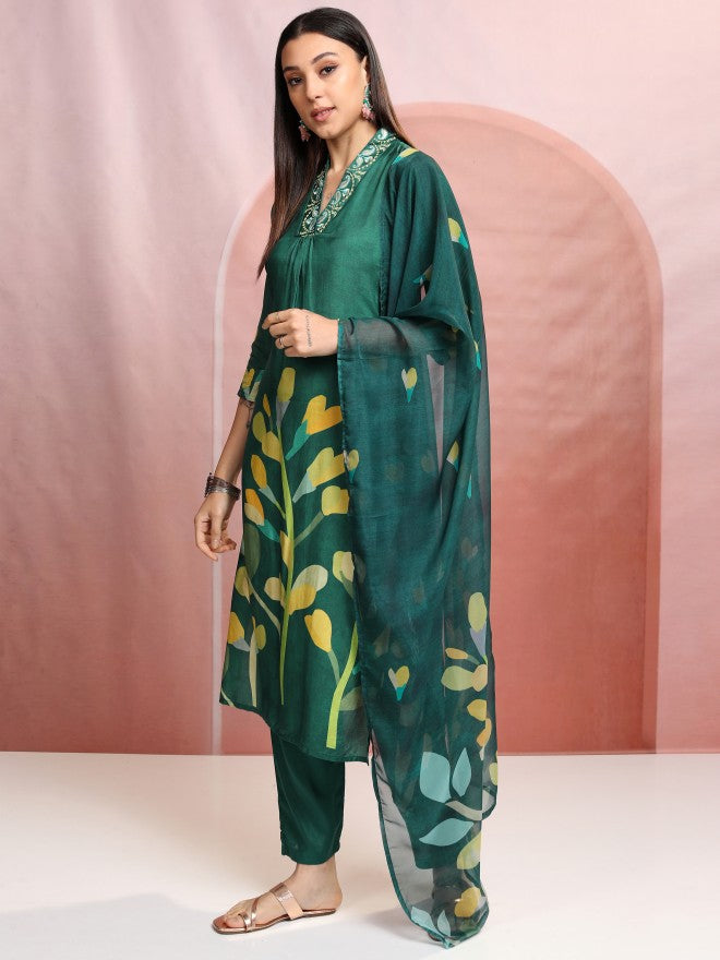 Vishudh Women Green Printed Kurta With Trousers And Dupatta - Green - Image 4