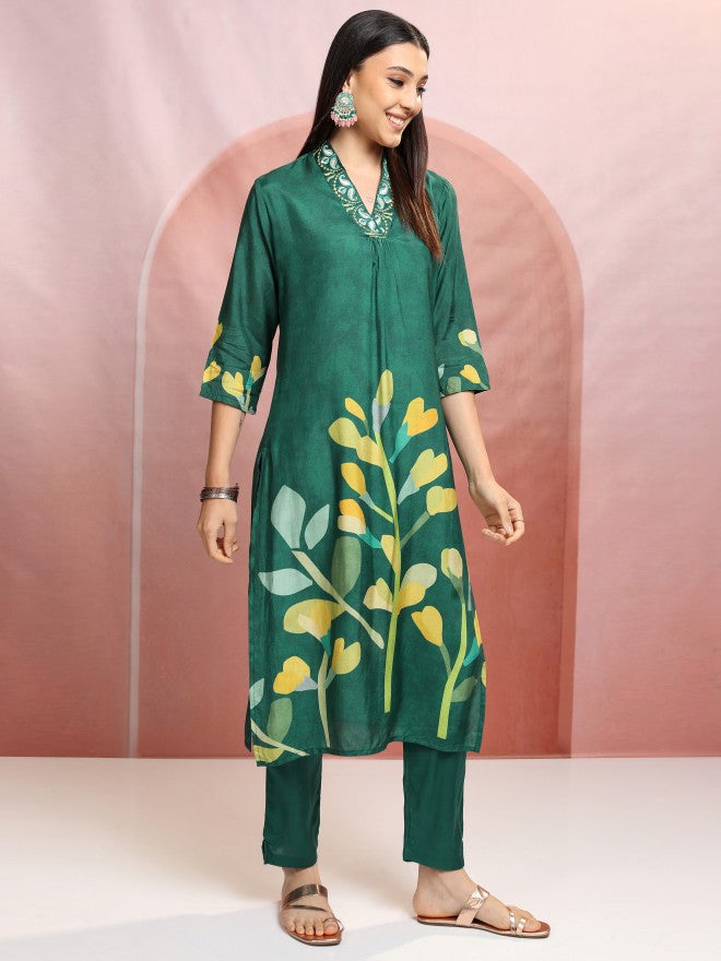 Vishudh Women Green Printed Kurta With Trousers And Dupatta - Green - Image 6