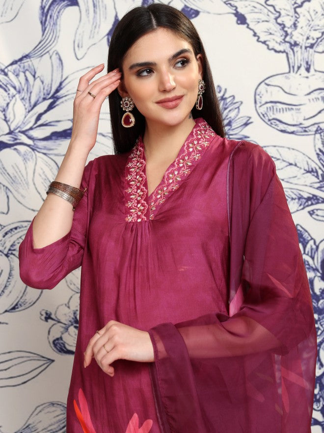 Vishudh Women Burgundy Printed Kurta With Trouser And Dupatta - Burgundy - Image 1