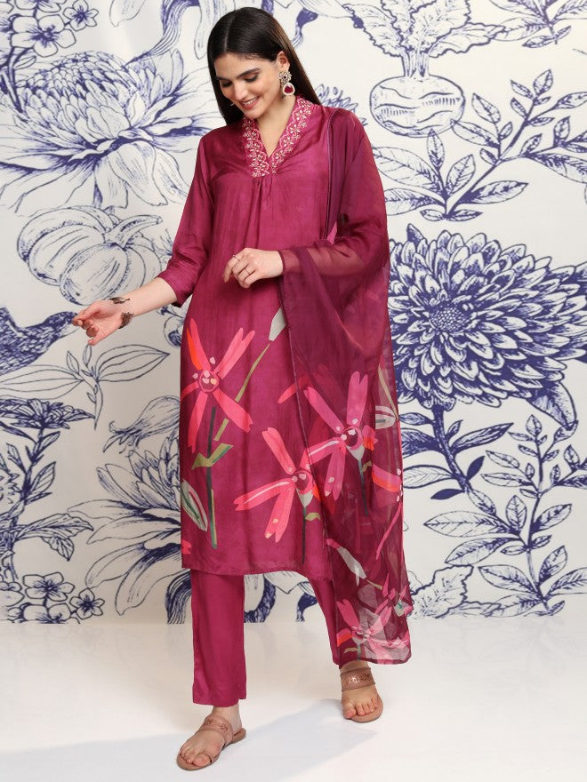 Vishudh Women Burgundy Printed Kurta With Trouser And Dupatta - Burgundy - Image 2