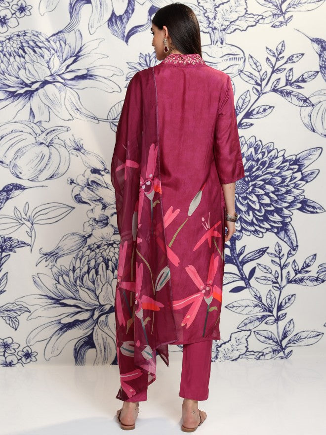 Vishudh Women Burgundy Printed Kurta With Trouser And Dupatta - Burgundy - Image 3