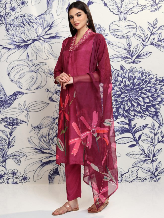 Vishudh Women Burgundy Printed Kurta With Trouser And Dupatta - Burgundy - Image 4