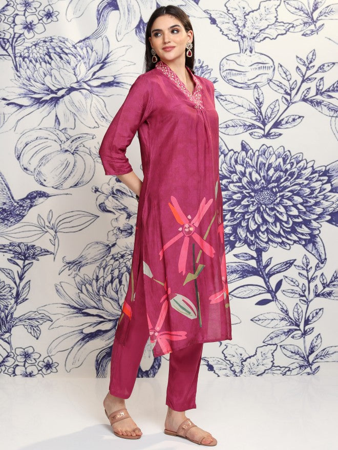 Vishudh Women Burgundy Printed Kurta With Trouser And Dupatta - Burgundy - Image 6