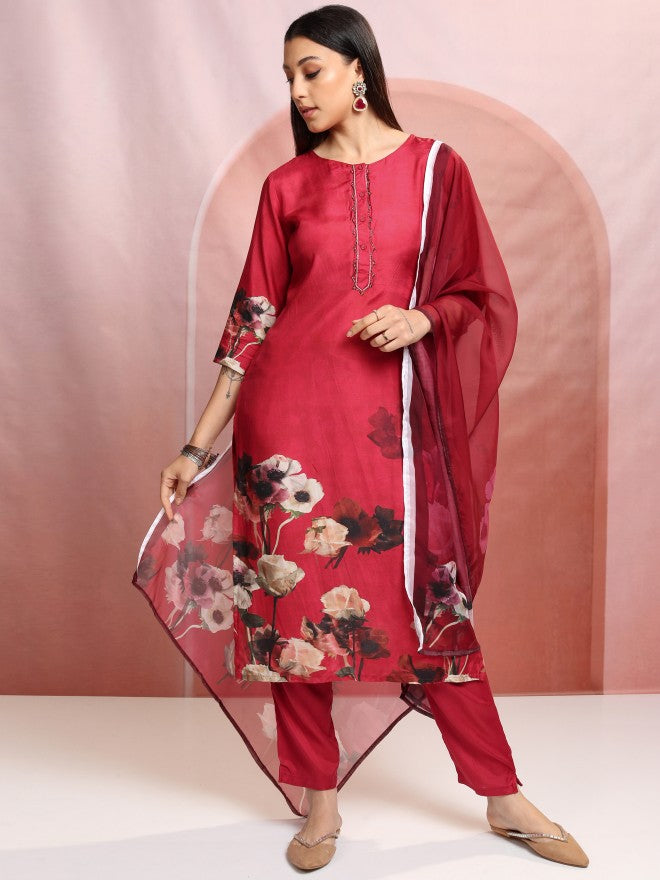 Vishudh Women Red Printed Kurta With Trouser And Dupatta - Red - Image 2
