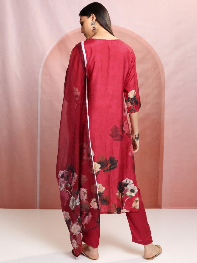 Vishudh Women Red Printed Kurta With Trouser And Dupatta - Red - Image 3
