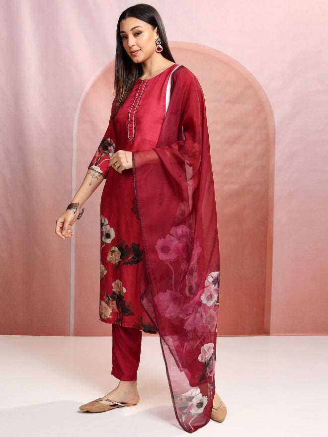 Vishudh Women Red Printed Kurta With Trouser And Dupatta - Red - Image 4