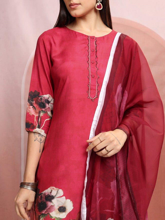 Vishudh Women Red Printed Kurta With Trouser And Dupatta - Red - Image 5