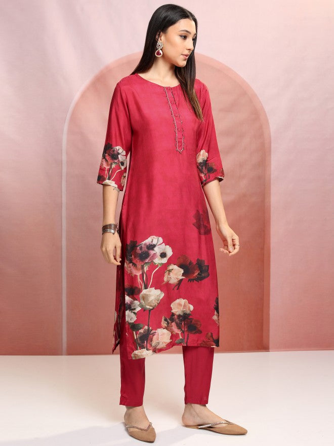 Vishudh Women Red Printed Kurta With Trouser And Dupatta - Red - Image 6