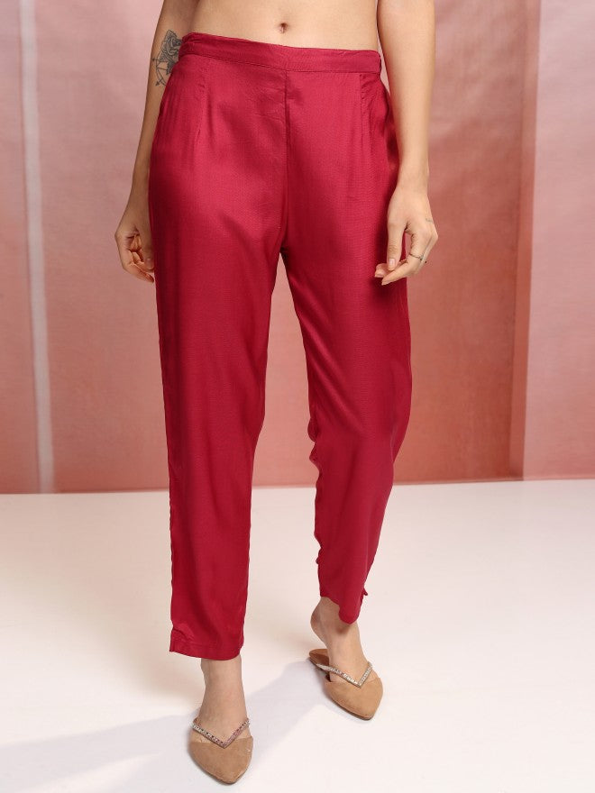 Vishudh Women Red Printed Kurta With Trouser And Dupatta - Red - Image 7