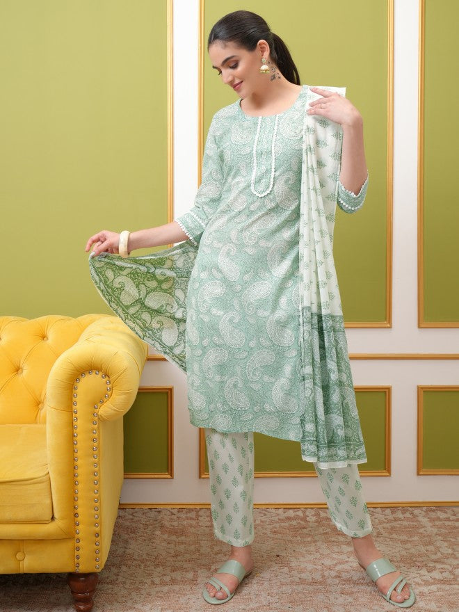 Vishudh Women White Printed Kurta With Trouser And Dupatta - White - Image 1