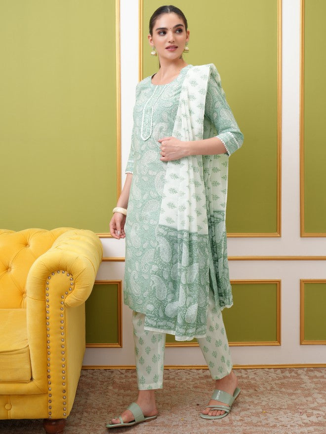 Vishudh Women White Printed Kurta With Trouser And Dupatta - White - Image 2