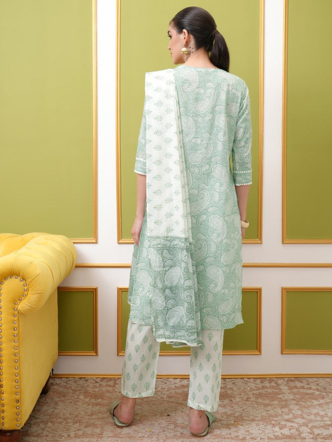 Vishudh Women White Printed Kurta With Trouser And Dupatta - White - Image 3