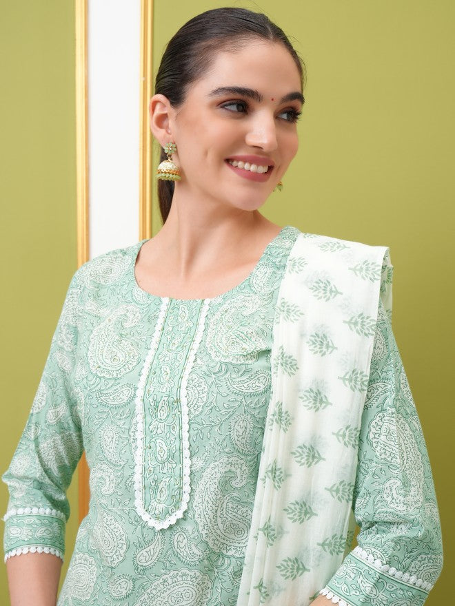 Vishudh Women White Printed Kurta With Trouser And Dupatta - White - Image 8
