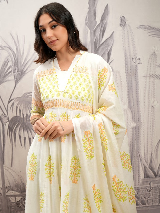 Vishudh Women White Printed Kurta With Trouser And Dupatta - White - Image 1