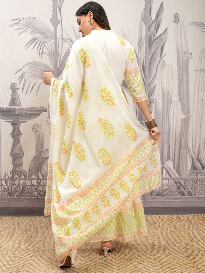 Vishudh Women White Printed Kurta With Trouser And Dupatta - White - Image 3
