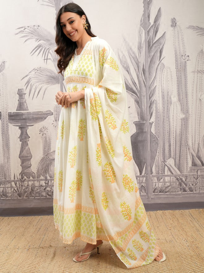 Vishudh Women White Printed Kurta With Trouser And Dupatta - White - Image 4