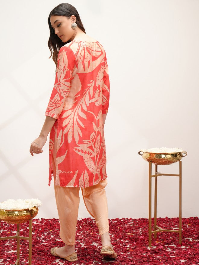 Vishudh Women Peach Printed Kurta With Dhoti Pant - Peach - Image 3