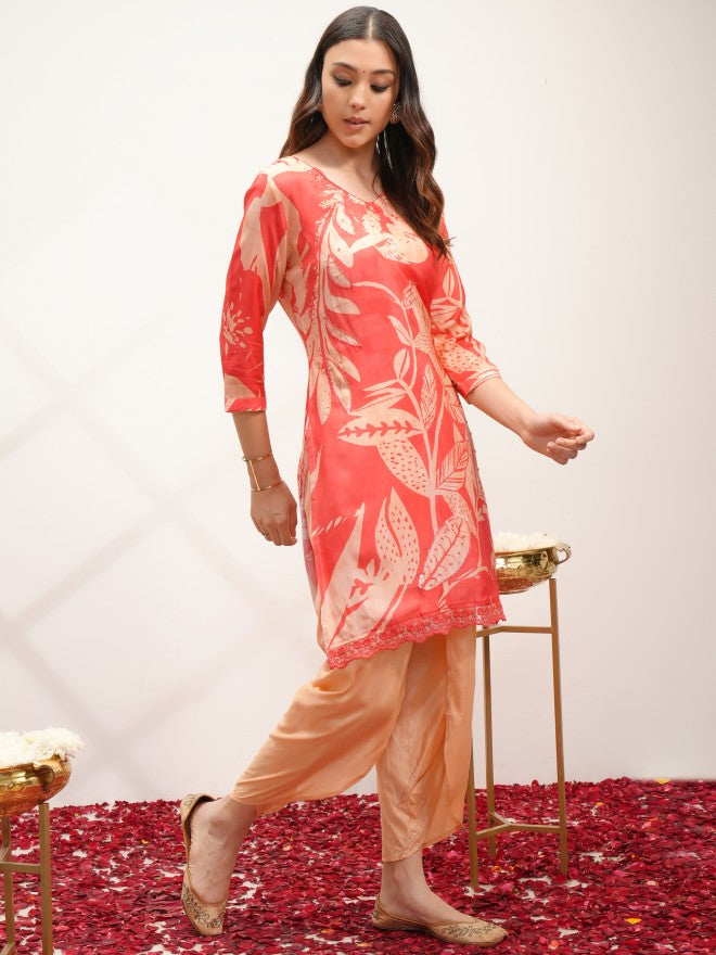 Vishudh Women Peach Printed Kurta With Dhoti Pant - Peach - Image 4