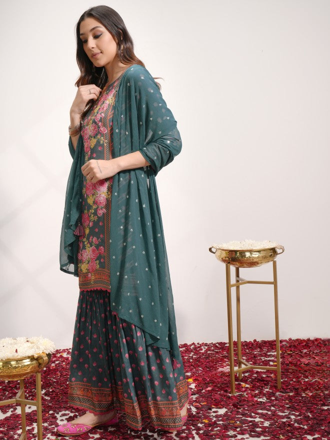 Vishudh Women Green Printed Kurta With Sharara And Dupatta - Green - Image 2