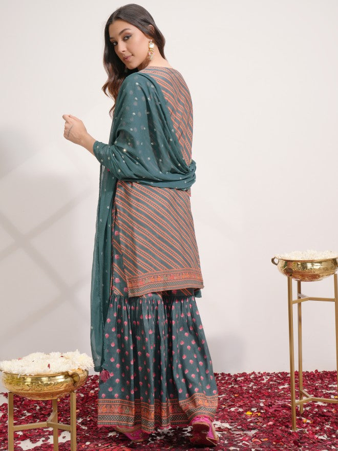 Vishudh Women Green Printed Kurta With Sharara And Dupatta - Green - Image 3