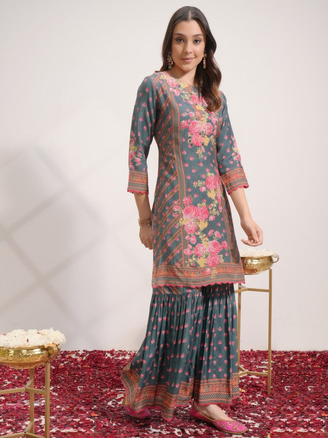 Vishudh Women Green Printed Kurta With Sharara And Dupatta - Green - Image 4