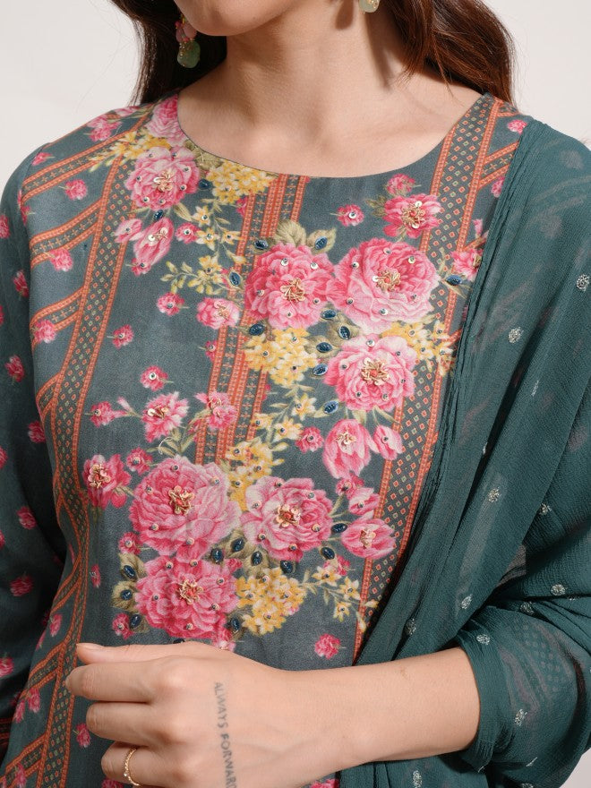 Vishudh Women Green Printed Kurta With Sharara And Dupatta - Green - Image 5
