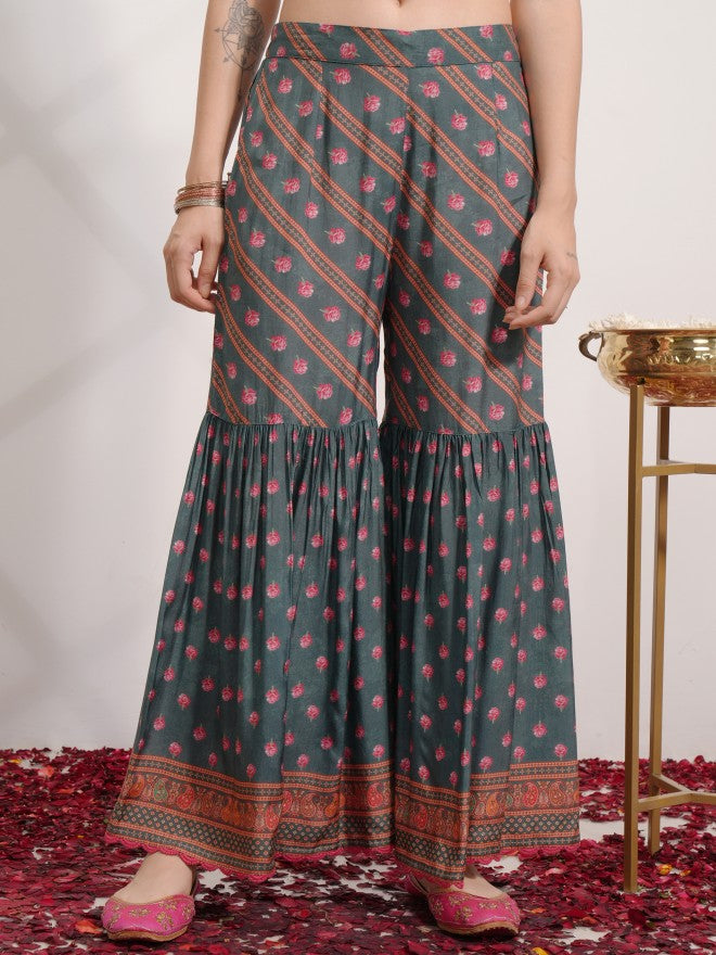 Vishudh Women Green Printed Kurta With Sharara And Dupatta - Green - Image 6