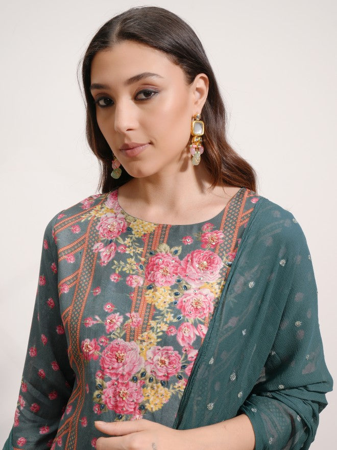 Vishudh Women Green Printed Kurta With Sharara And Dupatta - Green - Image 7
