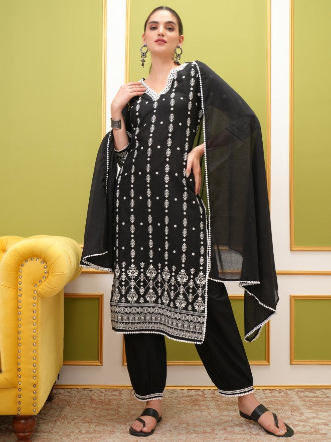 Vishudh Women Black Embroidered Kurta With Trouser And Dupatta - Black - Image 1