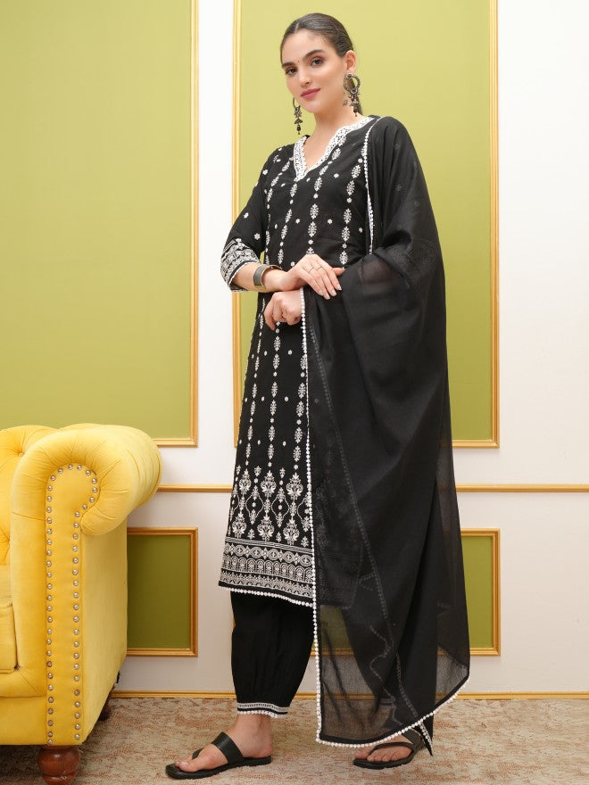 Vishudh Women Black Embroidered Kurta With Trouser And Dupatta - Black - Image 2
