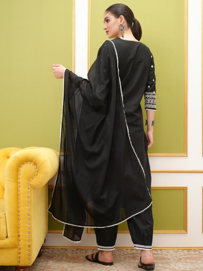 Vishudh Women Black Embroidered Kurta With Trouser And Dupatta - Black - Image 3