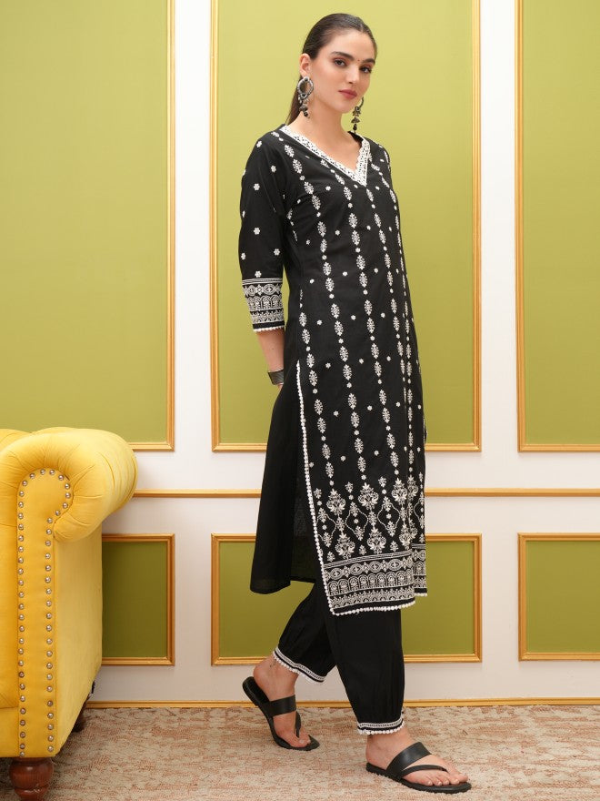 Vishudh Women Black Embroidered Kurta With Trouser And Dupatta - Black - Image 4