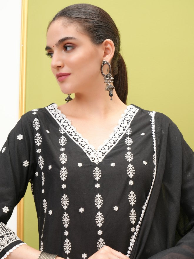 Vishudh Women Black Embroidered Kurta With Trouser And Dupatta - Black - Image 8