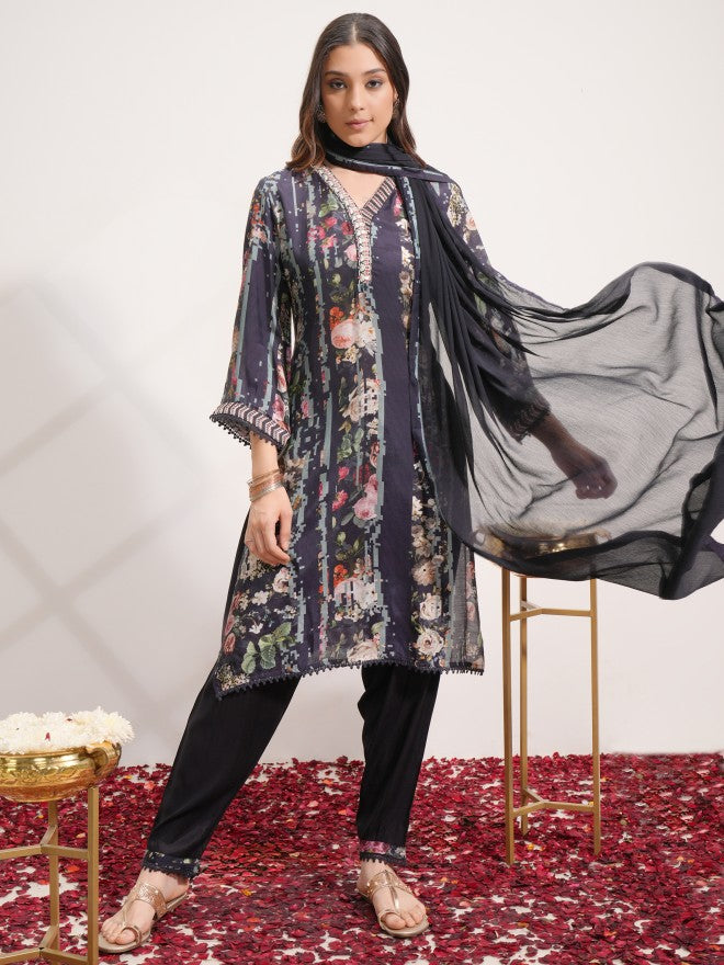 Vishudh Women Blue Printed Kurta With Trouser And Dupatta - Blue - Image 1